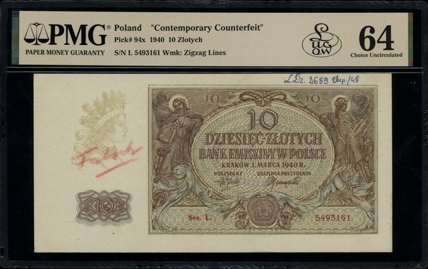 Fałszerstwo z epoki banknotu o nominale 10 złotych, 1.03.1940