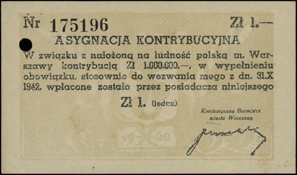 Asygnata kontrybucyjna miasta Warszawy na 1 złoty, 31.10.1942