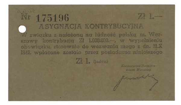 Asygnata kontrybucyjna miasta Warszawy na 1 złoty, 31.10.1942