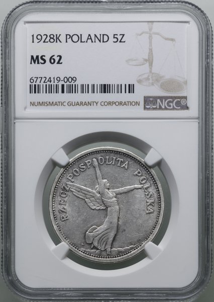 5 złotych, 1928, Warszawa; odmiana ze znakiem me