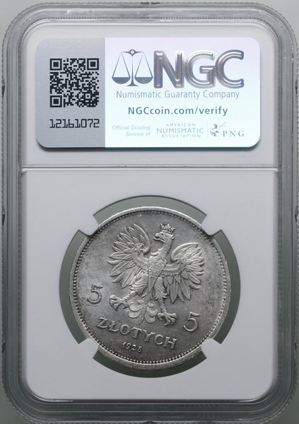 5 złotych, 1928, Warszawa; odmiana ze znakiem me