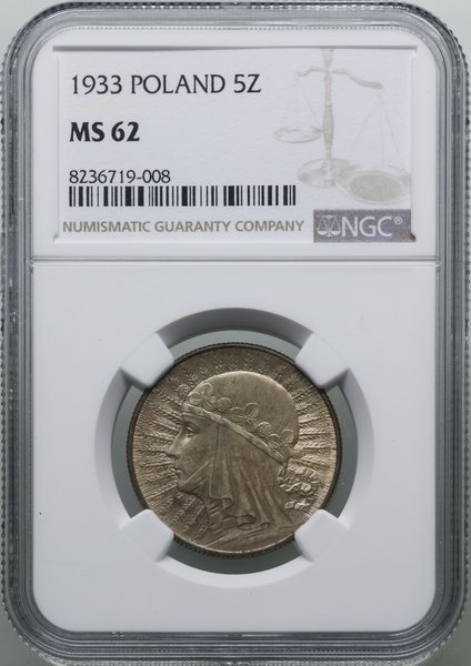 5 złotych, 1933, Warszawa; Głowa kobiety w czepc