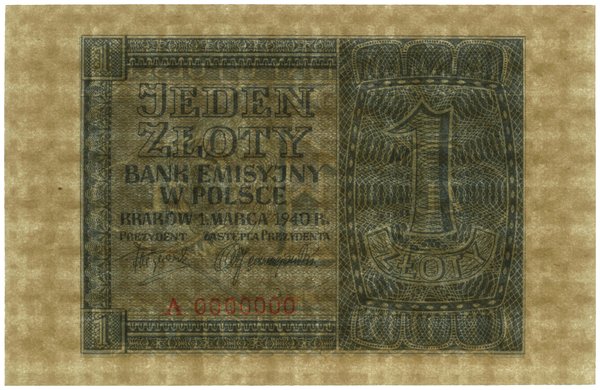1 złoty, 1.03.1940; seria A, numeracja 0000000, 