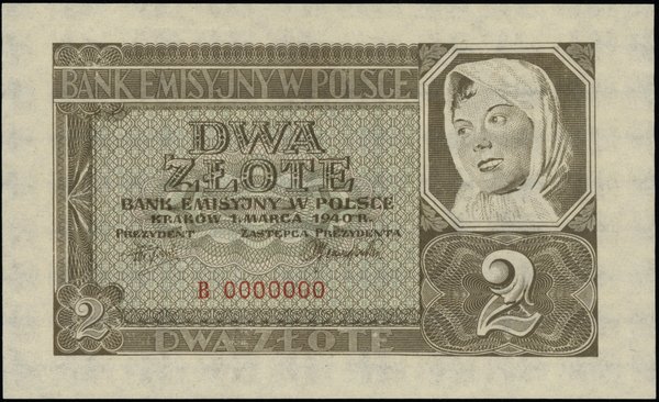 2 złote, 1.03.1940; seria B, numeracja 0000000, 
