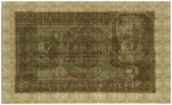 2 złote, 1.03.1940; seria B, numeracja 0000000, 