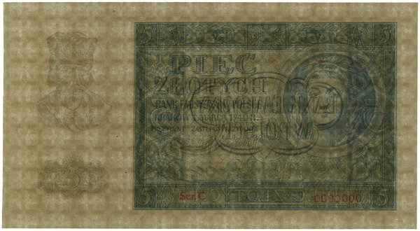5 złotych, 1.03.1940; seria C, numeracja 0000000