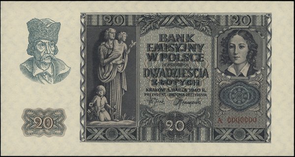 20 złotych, 1.03.1940; seria A, numeracja 000000