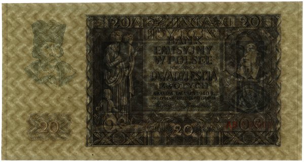 20 złotych, 1.03.1940; seria AB, numeracja 00000