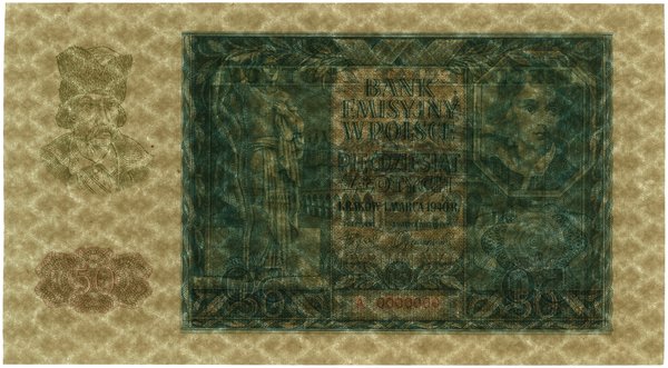 50 złotych, 1.03.1940; seria A, numeracja 000000