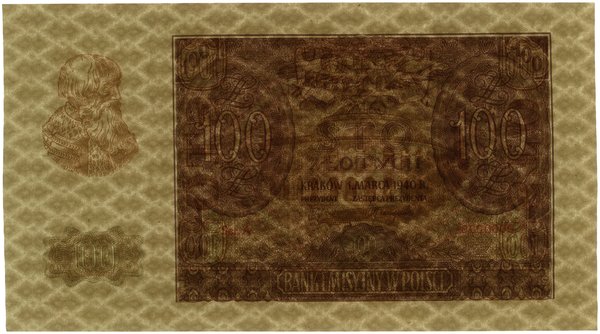 100 złotych, 1.03.1940; seria A, numeracja 00000