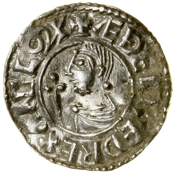 Denar typu Crux, (991–997), Winchester, mincerz Aethelstan, Aw: Popiersie w lewo, z berłem, + ÆÐELRÆD REX ΛNGLORX