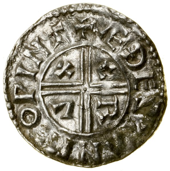 Denar typu Crux, (991–997), Winchester, mincerz Aethelstan, Aw: Popiersie w lewo, z berłem, + ÆÐELRÆD REX ΛNGLORX