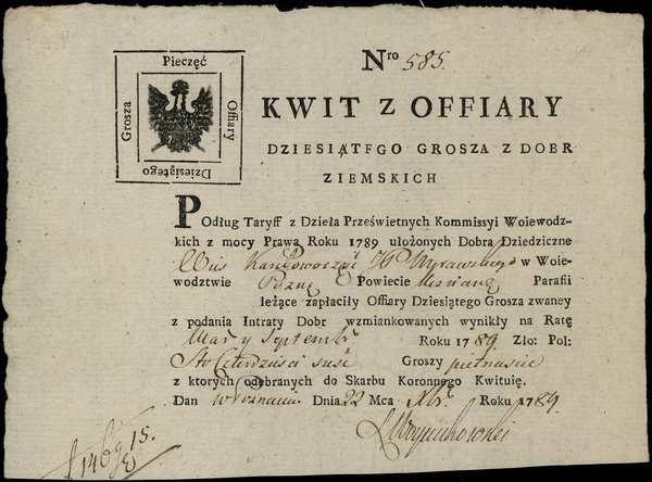 Kwit z ofiary dziesiątego grosza z dóbr ziemskich, 22.12.1789