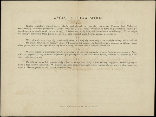 Akcja imienna na 50 talarów pruskich wystawiona na Jaśnie Oświeconego księcia Władysława Czartoryskiego przywódcy konserwatywno-liberalnego obozu politycznego Hôtel Lambert powstałego w 1833 roku w Paryżu