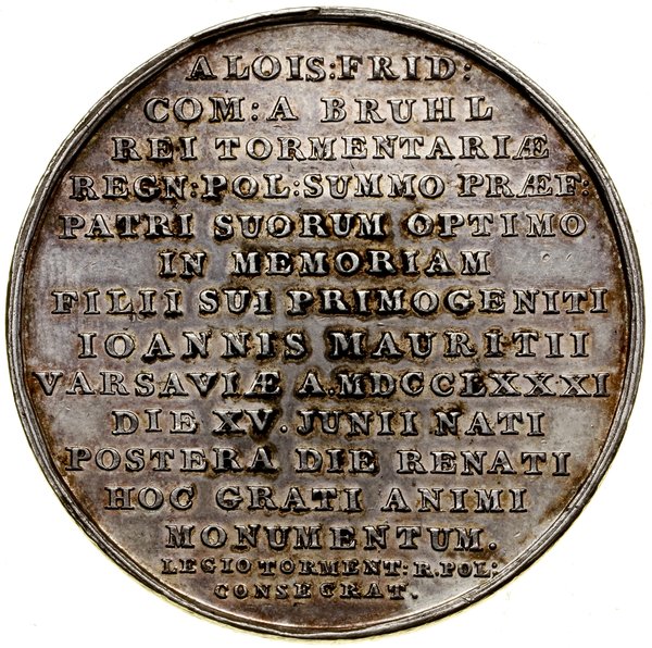 Medal wybity na pamiątkę narodzin Jana Maurycego Brühla, 1781, Warszawa, projektował i wykonał Jan Filip Holzhaeusser