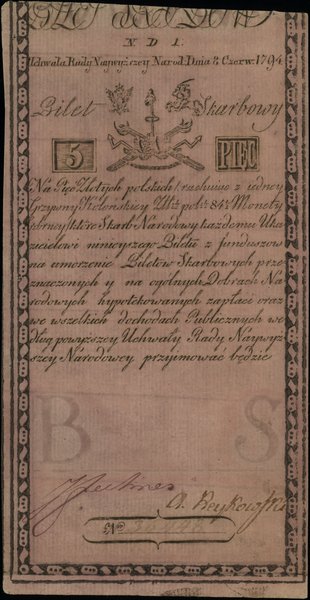 Insurekcja Kościuszkowska - bilety z 1794 r.. 5 złotych polskich, 8.06.1794