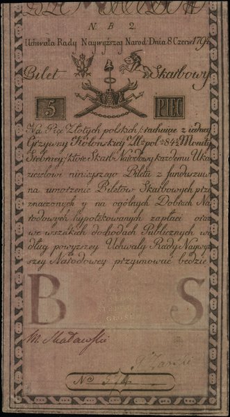 Insurekcja Kościuszkowska - bilety z 1794 r.. 5 złotych polskich, 8.06.1794