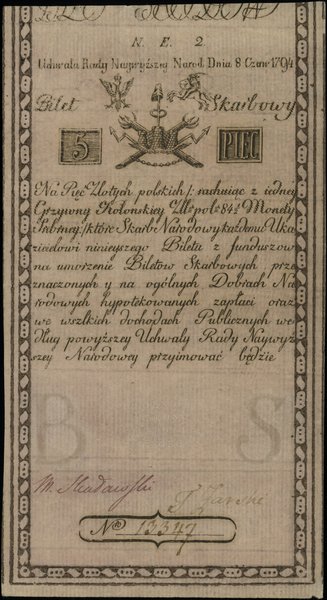 Insurekcja Kościuszkowska - bilety z 1794 r.. 5 złotych polskich, 8.06.1794