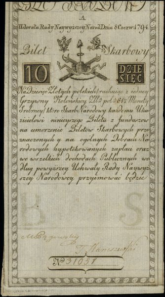Insurekcja Kościuszkowska - bilety z 1794 r.. 10 złotych polskich, 8.06.1794