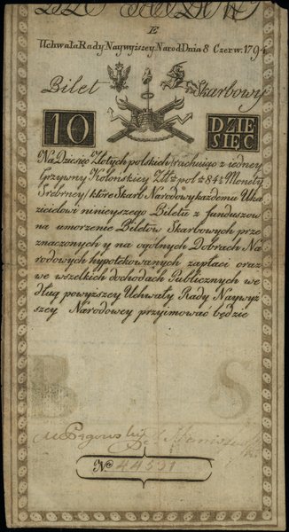 Insurekcja Kościuszkowska - bilety z 1794 r.. 10 złotych polskich, 8.06.1794