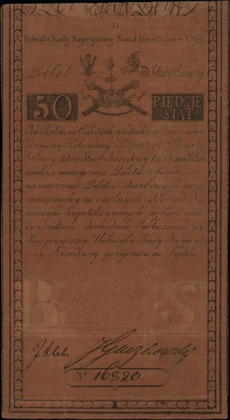 Insurekcja Kościuszkowska - bilety z 1794 r.. 50 złotych polskich, 8.06.1794