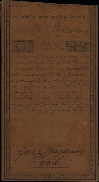 Insurekcja Kościuszkowska - bilety z 1794 r.. 50 złotych polskich, 8.06.1794