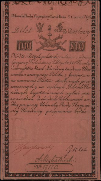Insurekcja Kościuszkowska - bilety z 1794 r.. 100 złotych polskich, 8.06.1794