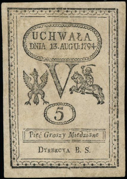 Insurekcja Kościuszkowska - bilety z 1794 r.. 5 groszy miedziane, 13.08.1794
