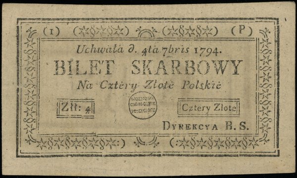 Insurekcja Kościuszkowska - bilety z 1794 r.. 4 złote polskie, 4.09.1794