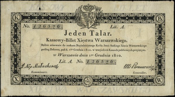 Księstwo Warszawskie - bilety z 1810r. 1 talar, 1.12.1810