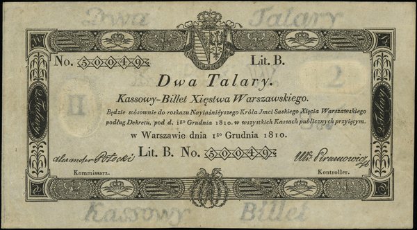 Księstwo Warszawskie - bilety z 1810r. 2 talary, 1.12.1810