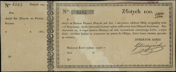 Powstanie Listopadowe - asygnacje, kwity i certyfikaty z 1831 r. 100 złotych, 1831, numeracja 4565