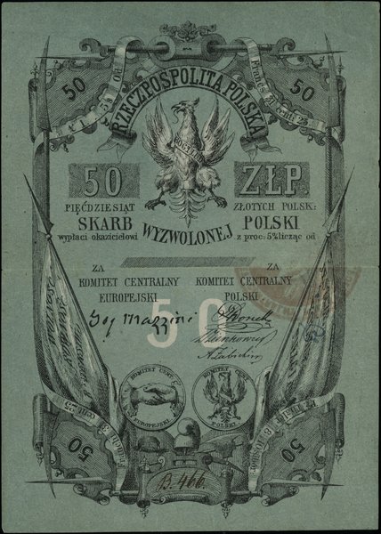 Skarb Wyzwolonej Polski w Londynie - bilety z 1853 r.. 50 złotych polskich, [1853]