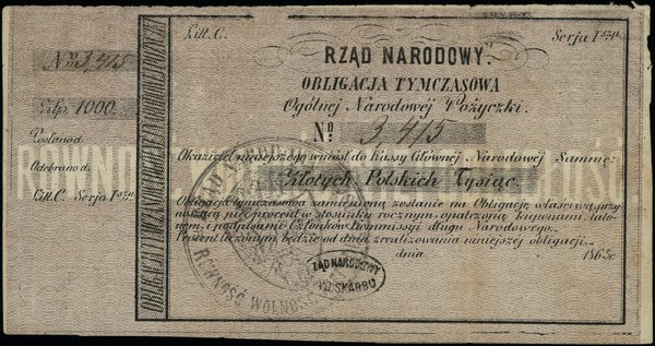 Powstanie Styczniowe - awizacje, dokumenty, kwity i obligacje z 1863 r.. obligacja tymczasowa na 1.000 złotych, 1863