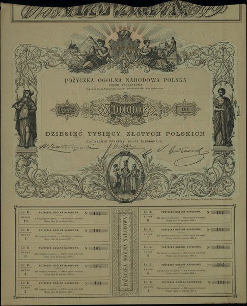 Powstanie Styczniowe - awizacje, dokumenty, kwity i obligacje z 1863 r.. obligacja stała na 10.000 złotych, 1863, numeracja 104