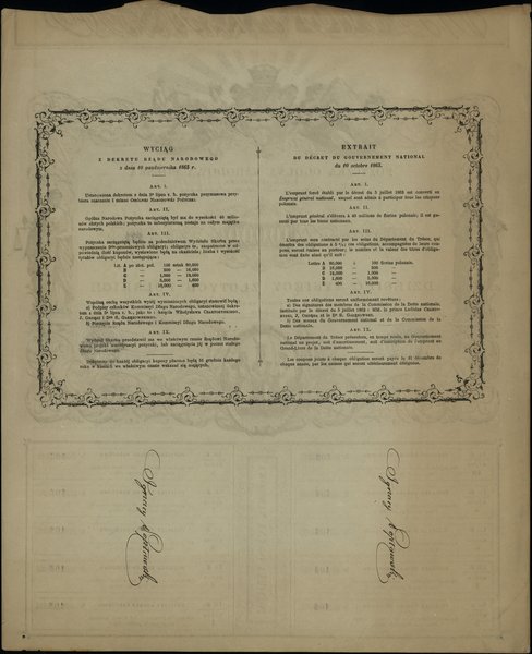 Powstanie Styczniowe - awizacje, dokumenty, kwity i obligacje z 1863 r.. obligacja stała na 10.000 złotych, 1863, numeracja 104