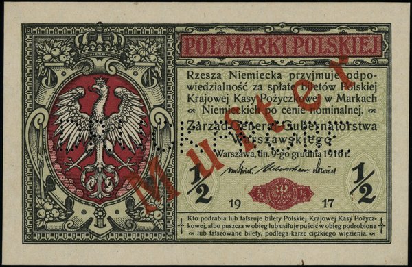 Polska Kasa Pożyczkowa - Zarząd Generał–Gubernatorstwa Warszawskiego. 1/2 marki polskiej, 9.12.1916