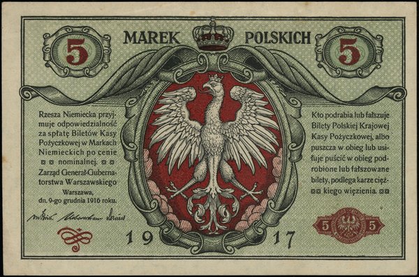 Polska Kasa Pożyczkowa - Zarząd Generał–Gubernatorstwa Warszawskiego. 5 marek polskich, 9.12.1916