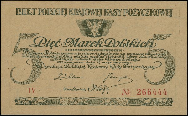 Polska Krajowa Kasa Pożyczkowa, emisje z 1919 r.. 5 marek polskich, 17.05.1919