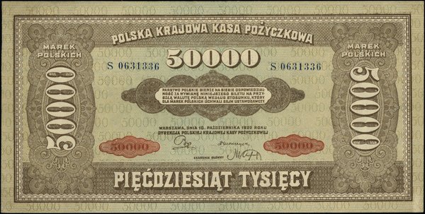 Polska Krajowa Kasa Pożyczkowa, emisje z lat 1922-1923. 50.000 marek polskich, 10.10.1922