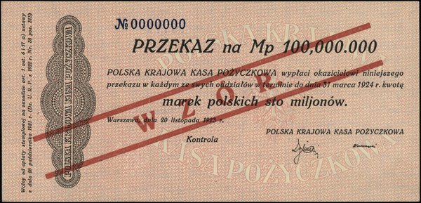 Polska Krajowa Kasa Pożyczkowa, emisje z lat 1922-1923. 100.000.000 marek polskich, 20.11.1923