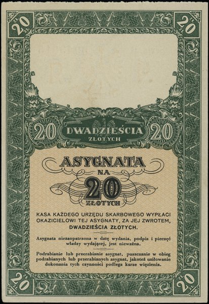 Dokumenty, asygnaty, bony i bilety skarbowe z lat 1923-1939. asygnata na 20 złotych, [1939]