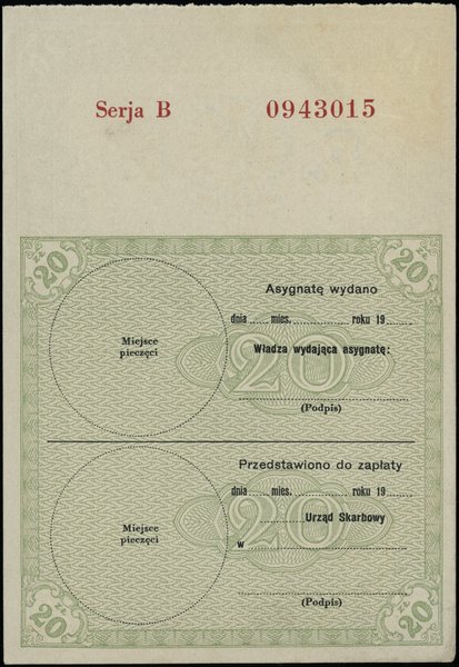 Dokumenty, asygnaty, bony i bilety skarbowe z lat 1923-1939. asygnata na 20 złotych, [1939]