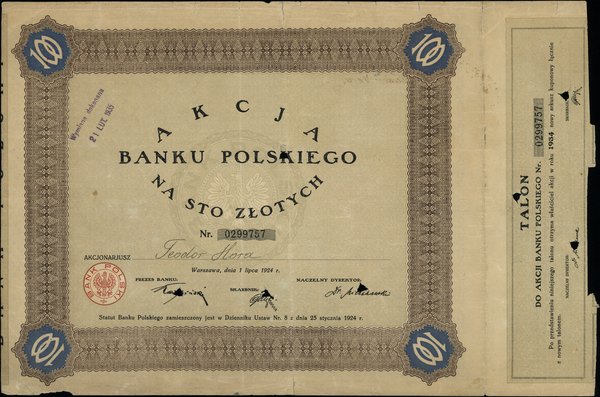 Dokumenty, asygnaty, bony i bilety skarbowe z lat 1923-1939. 100 złotych, ?