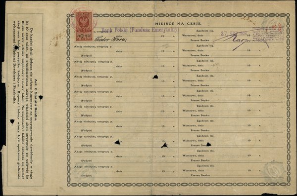 Dokumenty, asygnaty, bony i bilety skarbowe z lat 1923-1939. 100 złotych, ?