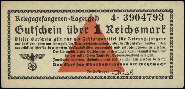 Banknoty gett i obozów oraz znaczki premiowe z lat 1939-1945. 1 Reichsmark, bez daty