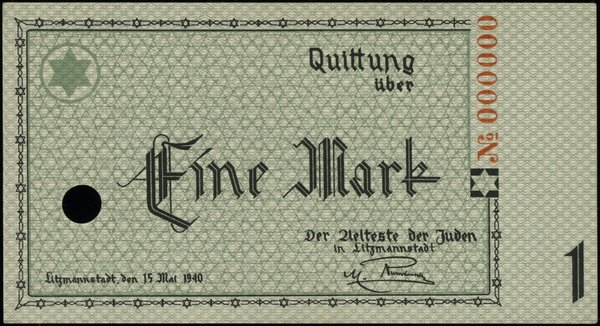 Banknoty getta w Łodzi 1940 r.. 1 marka, 15.05.1940