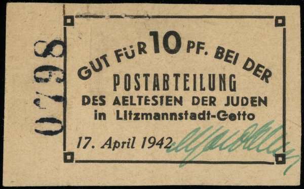 Bony pocztowe getta w Łodzi 1940-1942. 10 fenigów, 17.04.1942, numeracja 0798