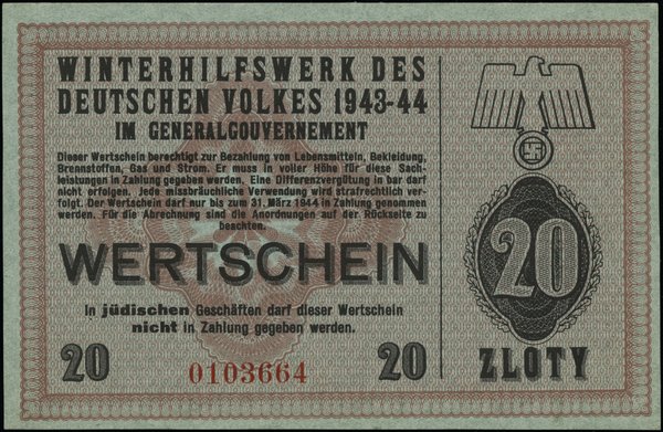 Pomoc Zimowa (Winterhilfswerk) w Generalnym Gubernatorstwie. 20 złotych, 1943-1944, numeracja 0103664