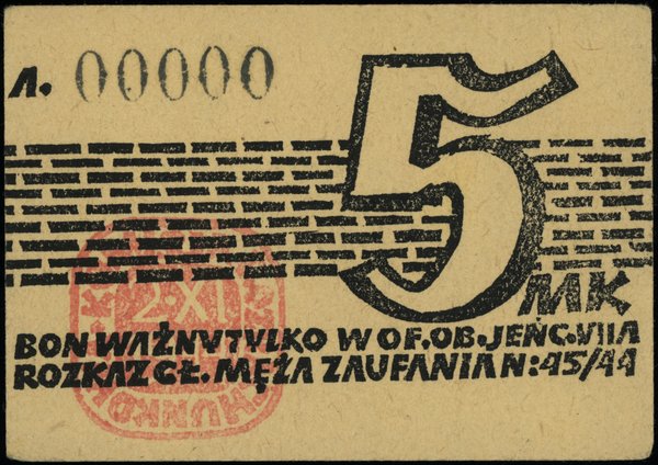 Bony obozu wojskowego Murnau VII-A. bon na 5 marek, 2.11.1944, numeracja 00000